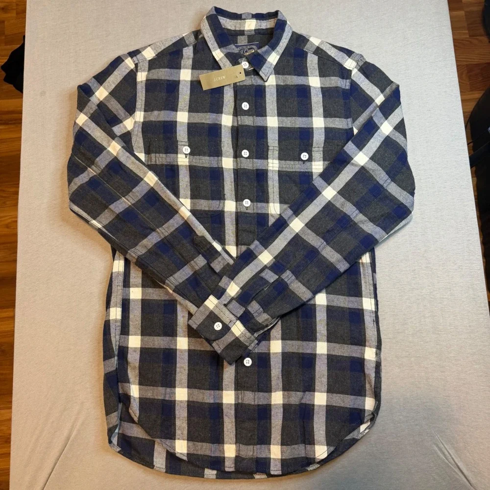 J.Crew Mens Sportsman Plaid Flannel Shirt Blue Grey White Cotton XS NEW